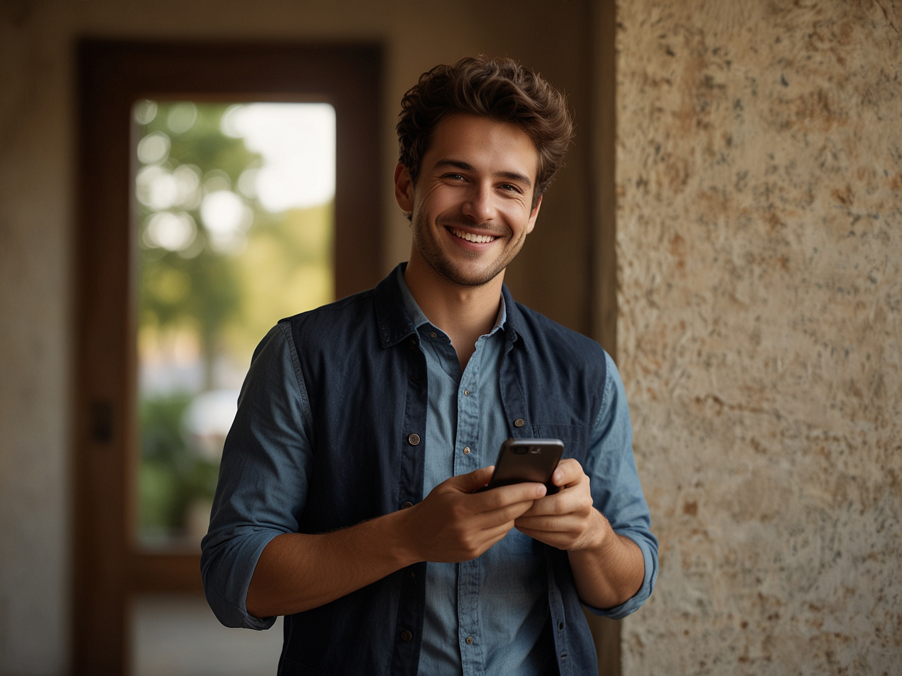 Smiling bettor holding phone showing bonus