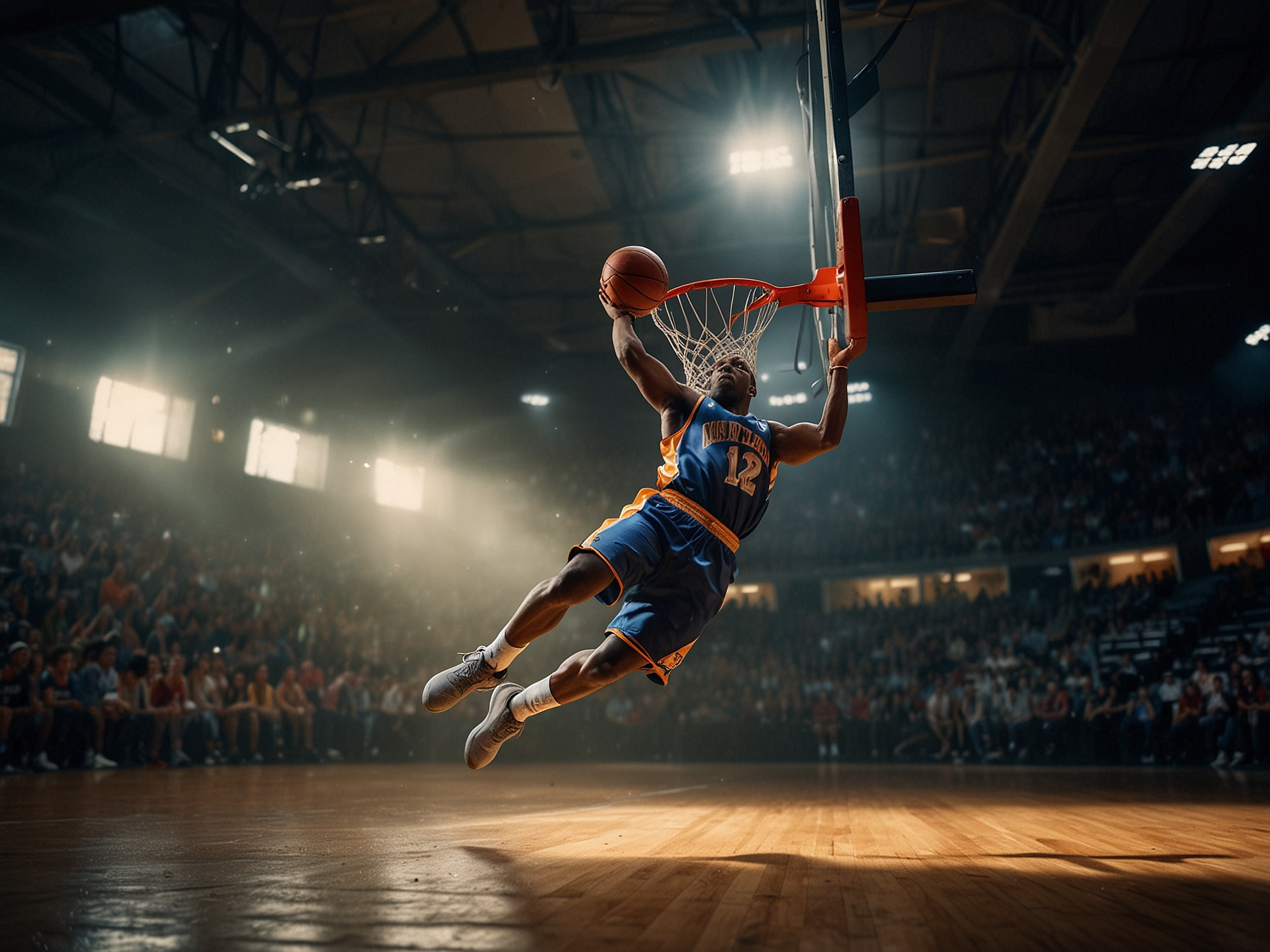 Basketball player mid-air dunk