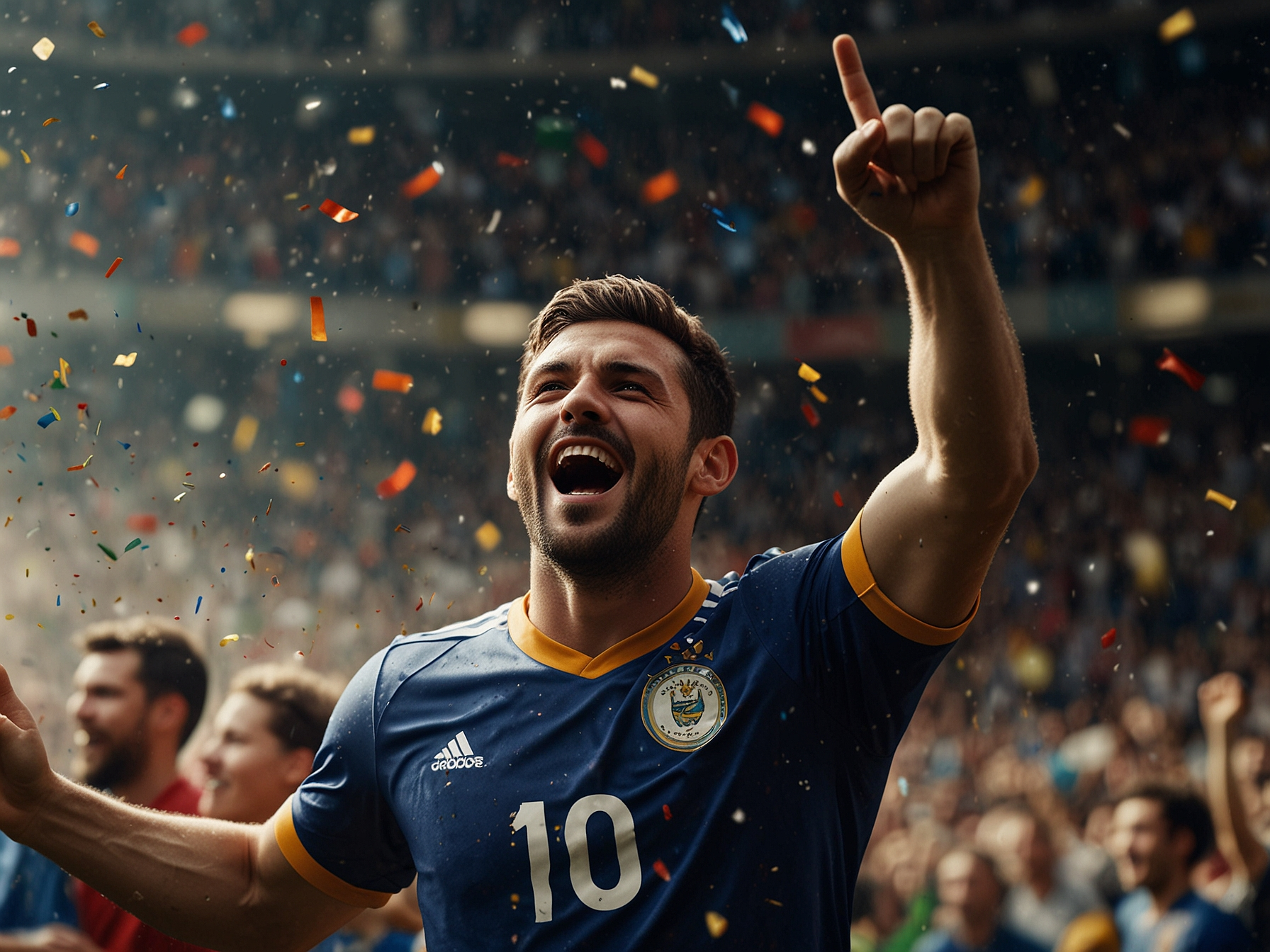 Athlete celebrating a goal in a stadium